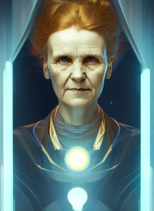 Image similar to symmetry!! portrait of marie curie female, sci - fi, glowing lights!! intricate, elegant, highly detailed, digital painting, artstation, concept art, smooth, sharp focus, illustration, art by artgerm and greg rutkowski and alphonse mucha, 8 k