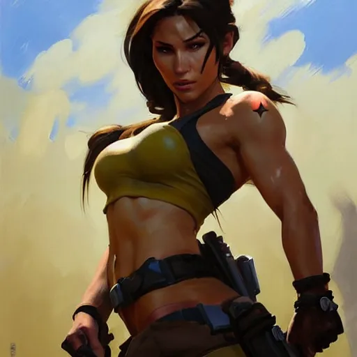 Image similar to Greg Manchess portrait painting of Lara Croft as Overwatch character, medium shot, asymmetrical, profile picture, Organic Painting, sunny day, Matte Painting, bold shapes, hard edges, street art, trending on artstation, by Huang Guangjian and Gil Elvgren and Sachin Teng