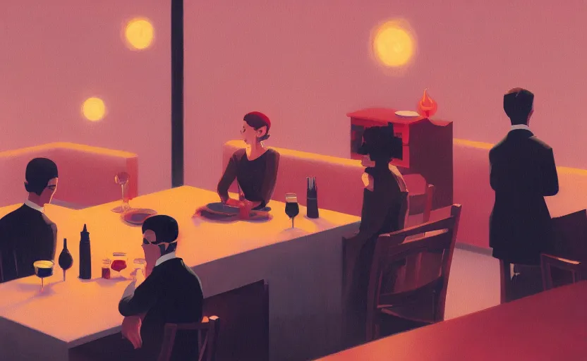 Image similar to an emotional surreal mysterious dinner scene illustration by atey ghailan and escher and edward hopper,