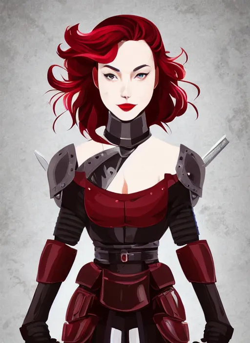 Image similar to a young woman in full plate armor with beautiful hair and red lips stages in a dramatic pose. she is a knight. clean cel shaded vector art. shutterstock. behance hd by lois van baarle, artgerm, helen huang, by makoto shinkai and ilya kuvshinov, rossdraws, illustration, art by ilya kuvshinov