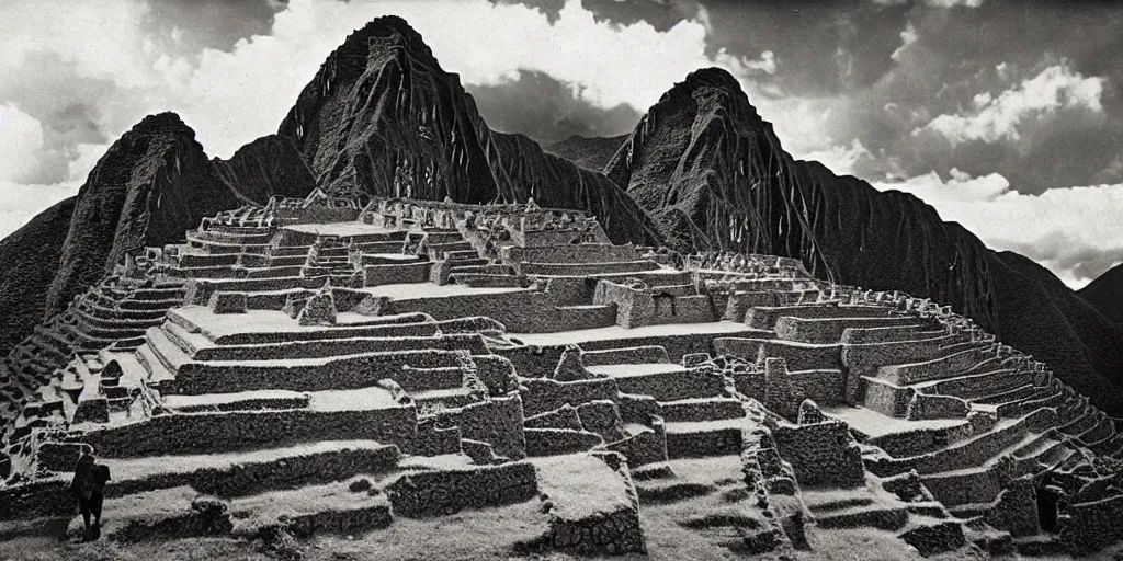 Prompt: lost city of the incas on the auyan tepui, vintage photograph, bw, by edward s curtis, realistic,