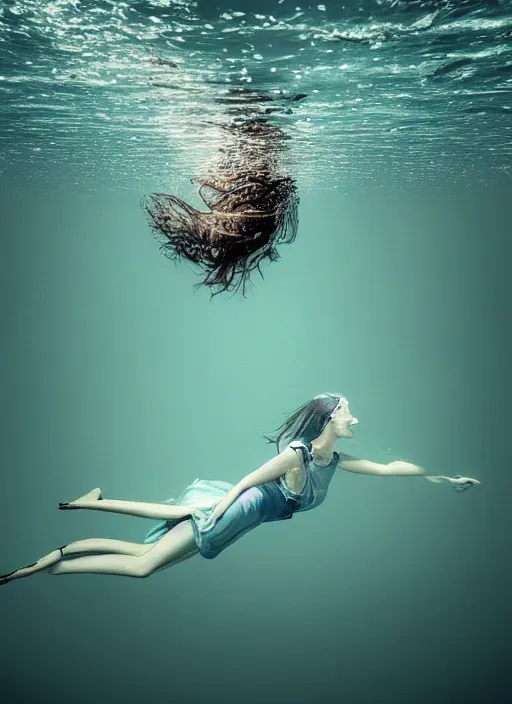 Prompt: girl in a long dress swimming underwater, caustics, surreal underwater photography