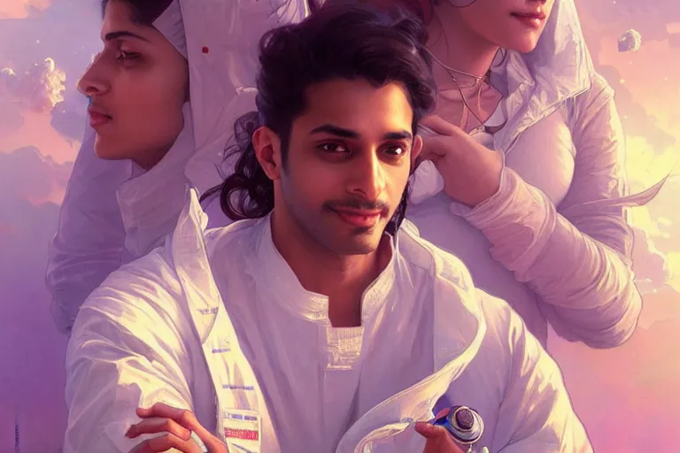 Image similar to Sensual good looking pale young Indian doctors wearing jeans in a space station above Earth, portrait, elegant, intricate, digital painting, artstation, concept art, smooth, sharp focus, illustration, art by artgerm and greg rutkowski and alphonse mucha