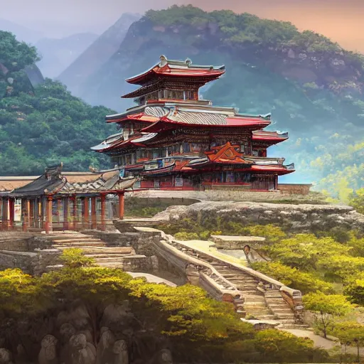 Image similar to concept art painting of a greek and japanese temple on a mountain cliff, overlooking a cozy village in a valley, realistic, detailed, cel shaded, in the style of makoto shinkai and greg rutkowski and james gurney