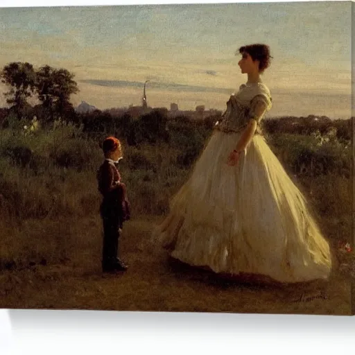 Image similar to young lady in ball gown and young worker watching the sunset by alfred stevens