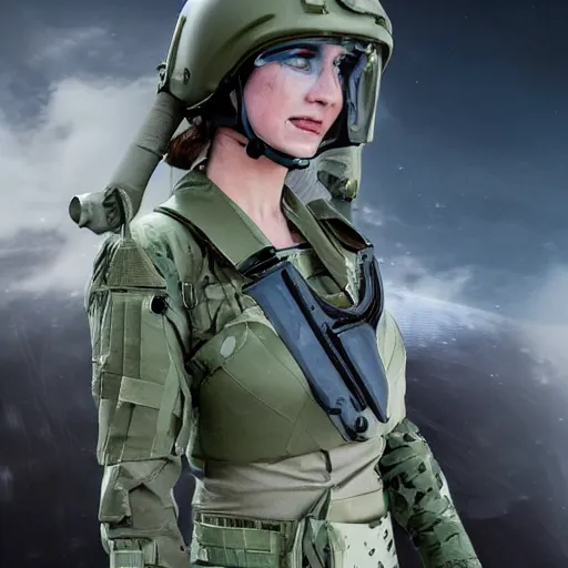 Prompt: jennifer conelly as a futuristic soldier in a future battleground