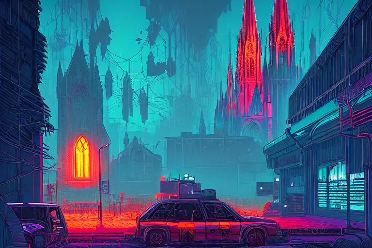 Prompt: a gothic cathedral dan mumford and josan gonzalez and simon stalenhag, cyberpunk, police drones, neon signs