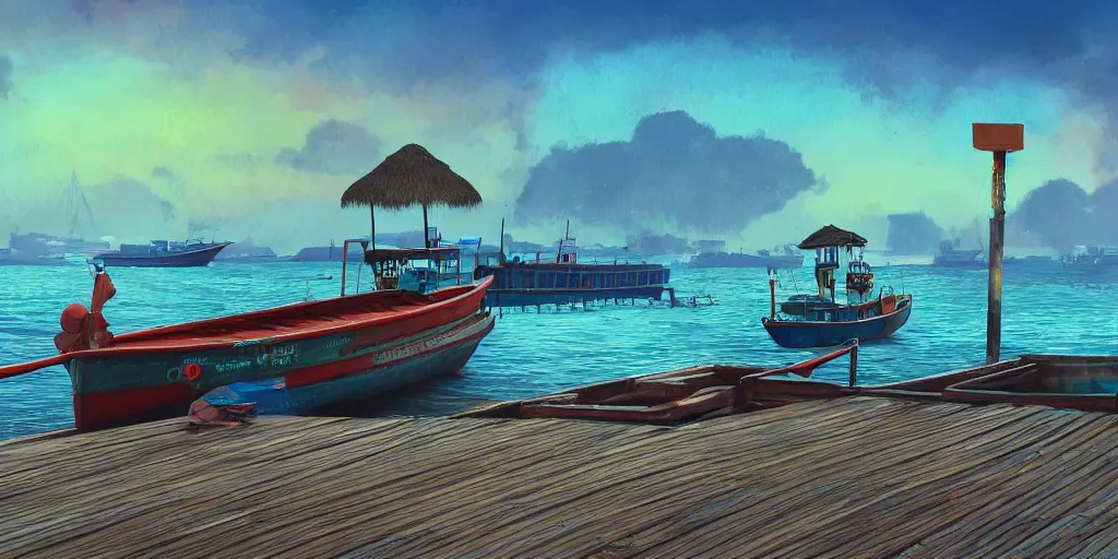 Image similar to pulau indah jetty, boat in foreground, near a fishing town, early morning, detailed matte painting, low angle view, telephoto lens, bokeh, studio ghibli, artstation