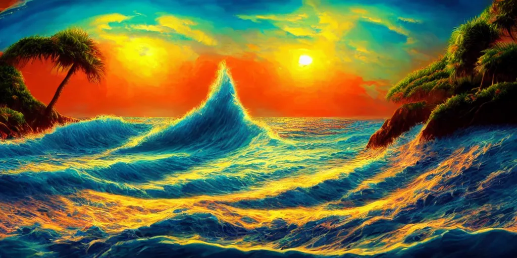 Image similar to A beach shaped like a singing mouth, the waves are made is musical notes, one wave is shaped like the mouths tongue, Very colorful painting 8k trending on art station, Intricate details, very realistic, cinematic lighting, volumetric lighting,