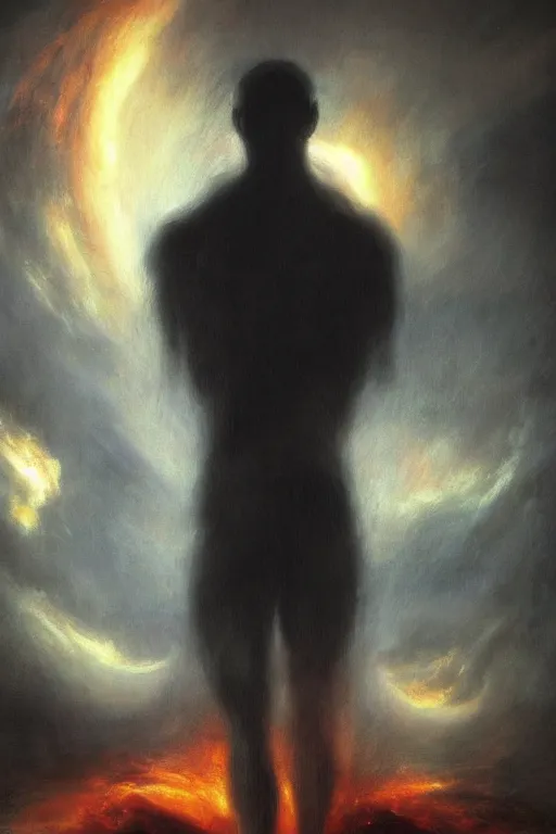 Image similar to a hulking human male silhouette in the darkness, his eyes glowing red, roiling stormclouds overhead,. atomospheric, artgerm, in the style of turner, high detail, 8 k resolution,