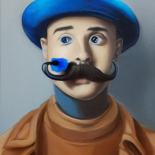 Prompt: Cute round blue robot with mustache and french beret holding a brush, portrait, photorealism