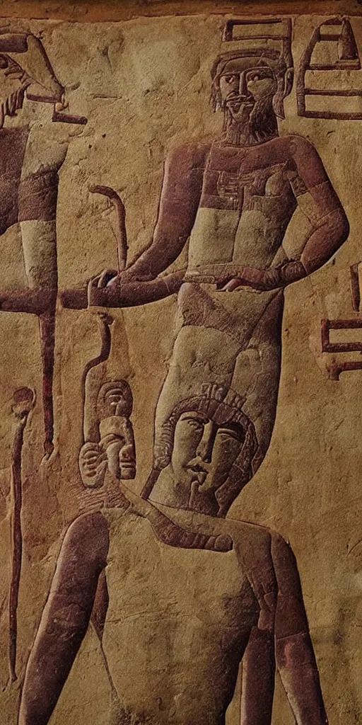 Prompt: sumerian mural of elon musk with ancient car