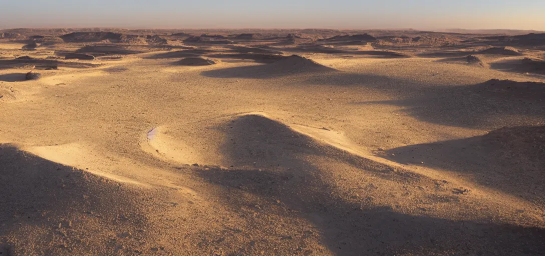 Prompt: a large hill placed in the center of a barren blue desert with a dark forboding sky, simple white archtecture sprawled on one side, golden light glowing softly on one side