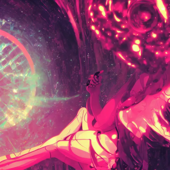 Image similar to close up of Albedo from overlord, close up of mamimi samejima from flcl, psychedelic background, epcot, inside a space station, eye of providence, female anime character, Ruan Jia, giygas