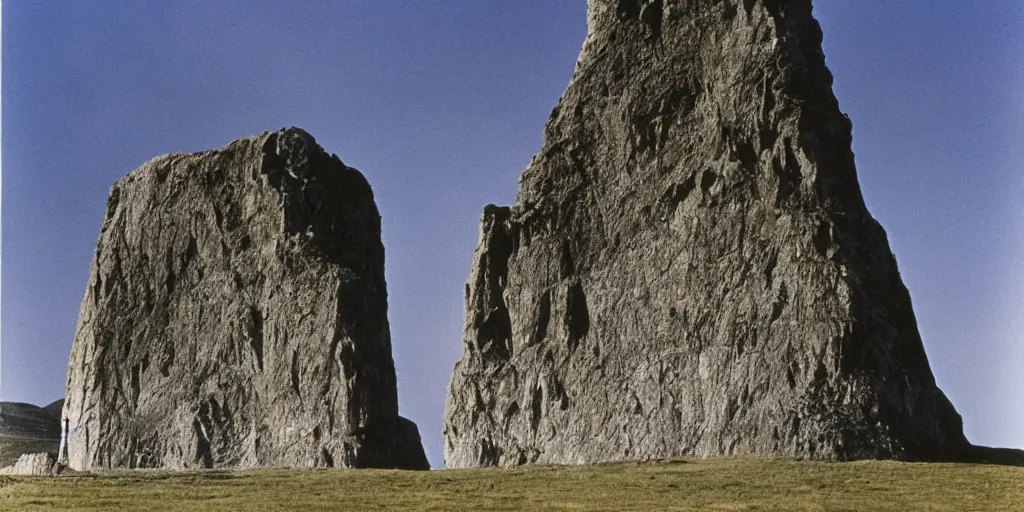 Prompt: A full color still from a Stanley Kubrick film featuring a a large black tower made of stone in a green valley, 35mm, 1975