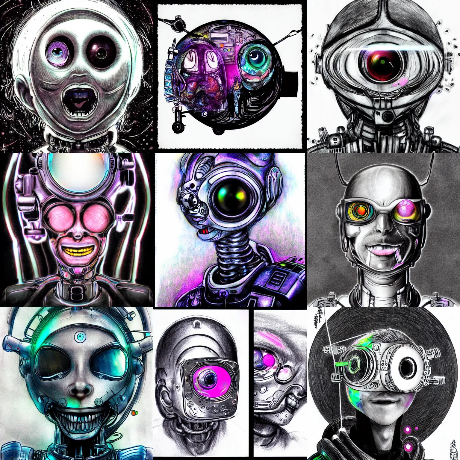 Prompt: A Cybernetic Lifeform Face, Super Happy expression, Charcoal Art, Photography, Fisheye Lens, Unicorn Color Scheme by Yoshitaka Amano