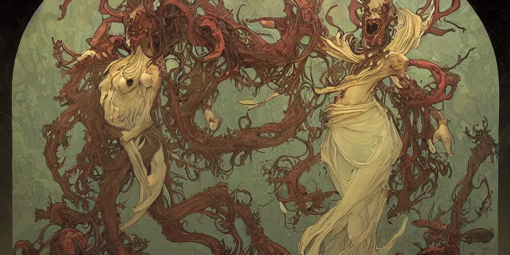 Prompt: epic concept illustration of a fungus demon god with many many arms, by james jean, by artgerm and greg rutkowski and alphonse mucha. uhd, amazing depth, cinematic lighting, glossy wet levitating floating fungus god with arms outstretched.