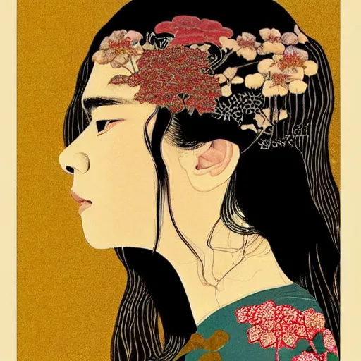 Image similar to “ chloe grace moretz portrait by ikenaga yasunari and ayana otake and ko rakusui, 6 0 s poster, drawing, realistic, sharp focus, japanese, dreamy, nostalgia, faded, golden hues, floral clothes, porcelain skin ”