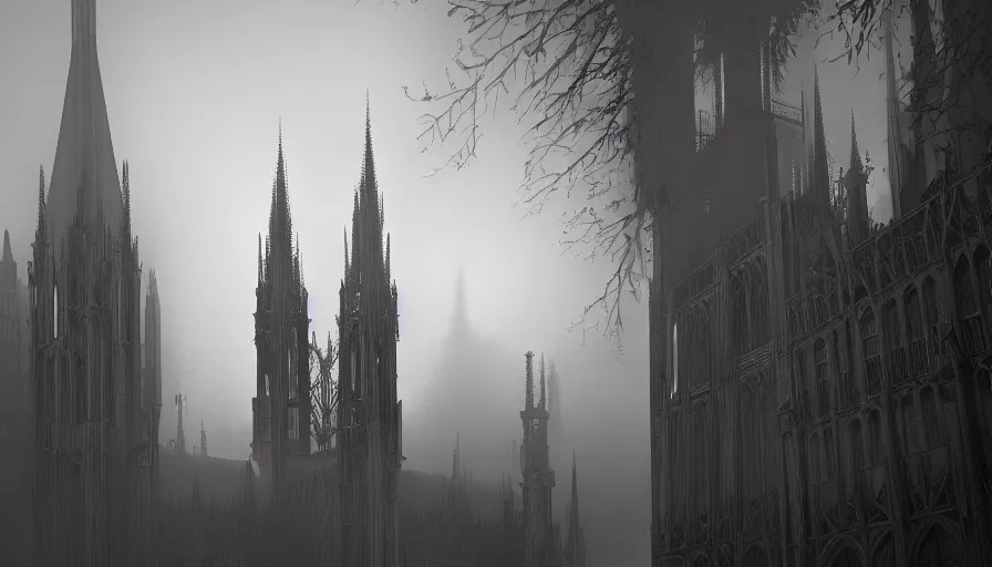 Image similar to strees view of neo - gothic brussels, fog, hyperdetailed, artstation, cgsociety, 8 k