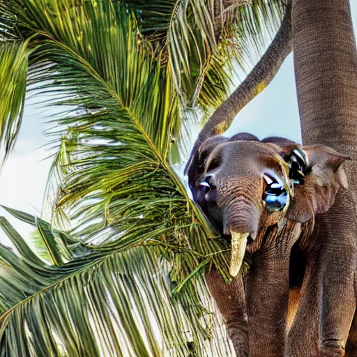 Prompt: an elephant sitting on a large spotted egg in a nest on top of a palm tree, nature photography