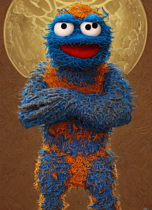 Image similar to portrait of Deliriously happy Cookie Monster in Society (1989), intricate, highly detailed, centered, solid color background, digital painting, artstation, concept art, smooth, sharp focus, illustration, artgerm, donato giancola, Joseph Christian Leyendecker, WLOP, Artgerm