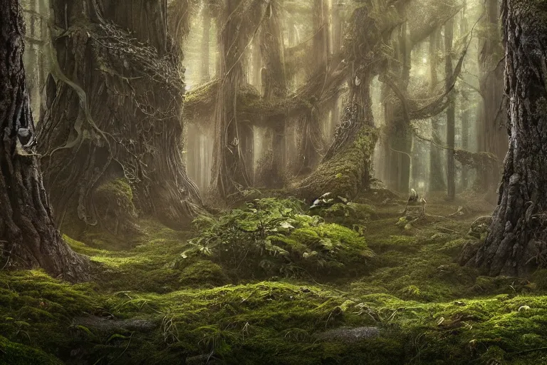 Image similar to magical forest forest, ghibli studio, cellshaded, nausicaa anime style hyper realistic, mossy tangled trees, ambient lighting, concept art, intricate, hyper detailed, smooth, dynamic volumetric lighting, octane, raytrace, cinematic, high quality, high resolution, 4 k, cgsociety, rutkowski, gurney