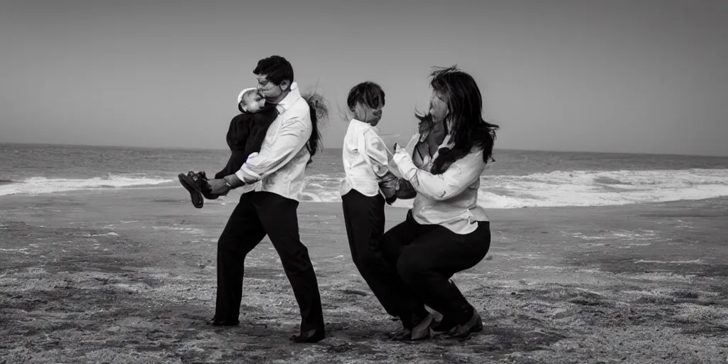 Prompt: strong man in a shirt and a tie sitting on windy cold beach, holds his mother on his arms