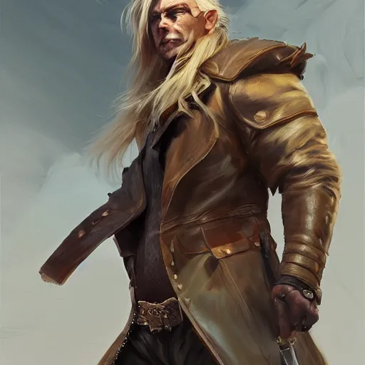 Image similar to portrait of a muscular, grim, ponytail haired blonde man in his late 30's, wearing a thick brown leather coat, looking to his side, hunter, DnD character, fantasy character, digital art by Ruan Jia, Krenz Cushart, Rossdraws and Boris Vallejo