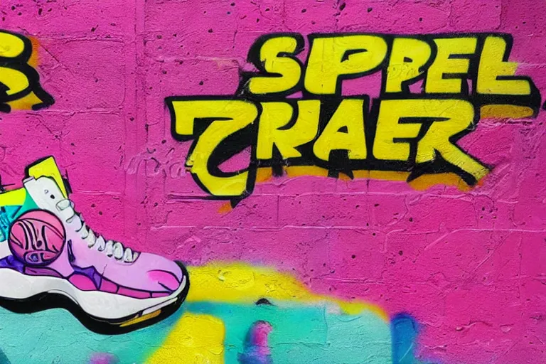 Prompt: basketball sneaker, writing graffiti style. super colored vibrant filling. outlined. pink and yellow palette. round bubbly with wavy details