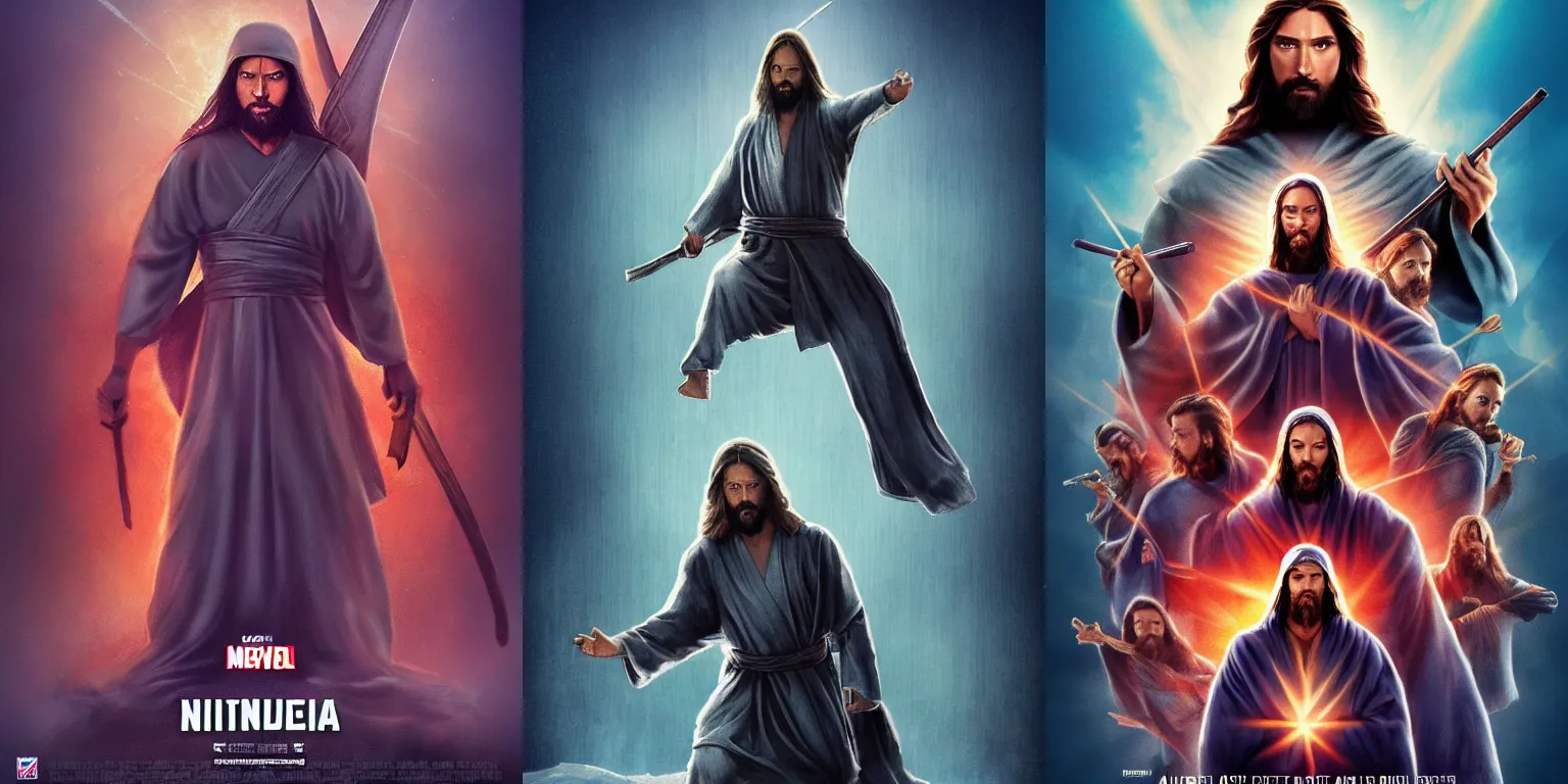 Prompt: Ninja Jesus, movie poster, MCU, fiction, trending on twitter, artstationHD, artstationHQ