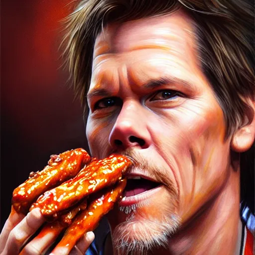 Prompt: Portrait of Kevin Bacon eating hot wings, fantasy, D&D, intricate, highly detailed, digital painting, trending on artstation, sharp focus, illustration, style of Stanley Artgerm