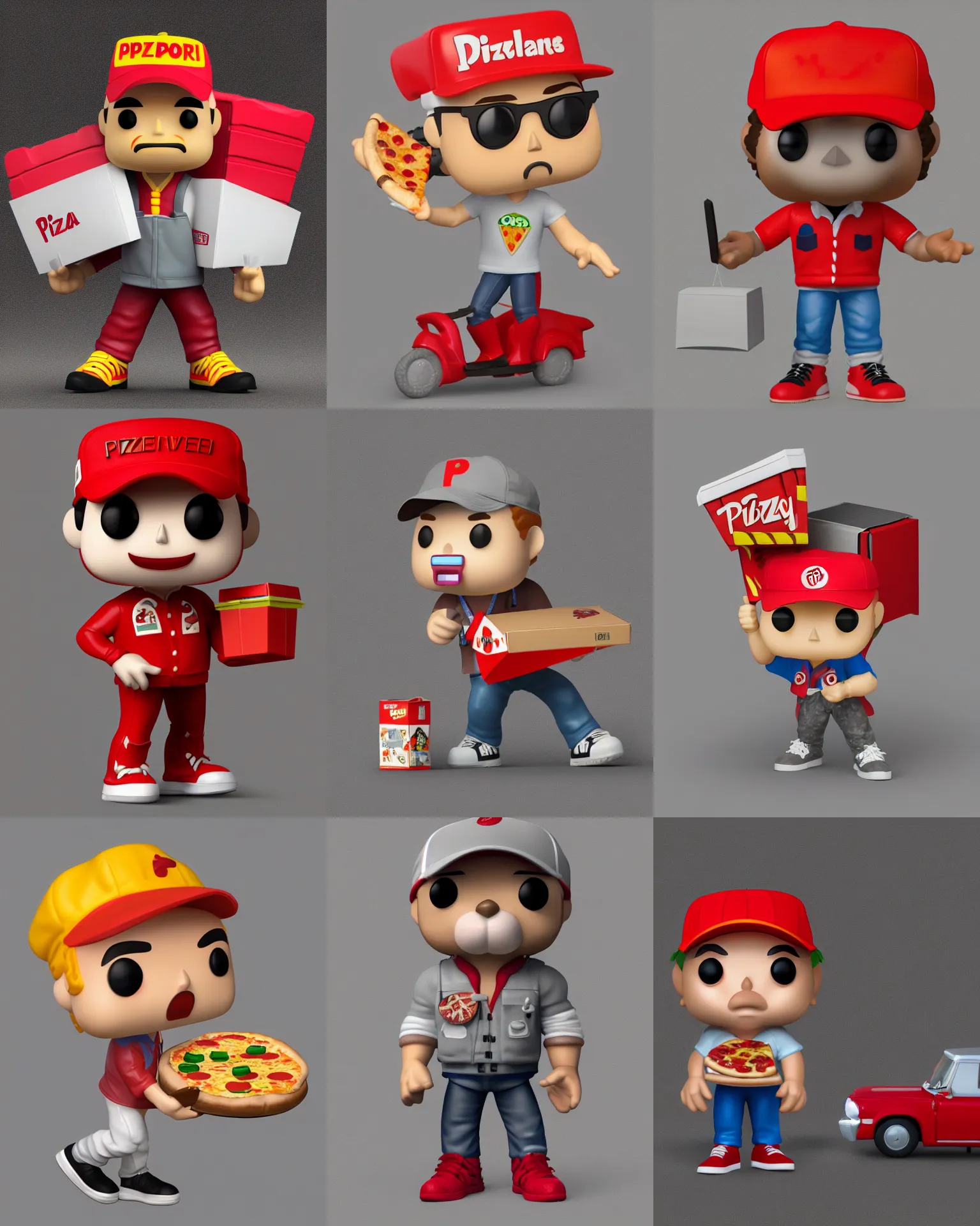 Prompt: full body 3 d render of pizza delivery as a funko pop!, studio lighting, grey background, no shadow, blender, trending on artstation, 8 k, highly detailed