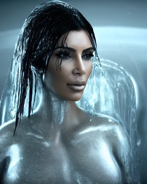 Image similar to epic still of kim kardashian trapped in a transparent alien liquid, wet flowing hair, gooey skin, illustration, unreal engine 5, 8 k, made by h. r. giger.