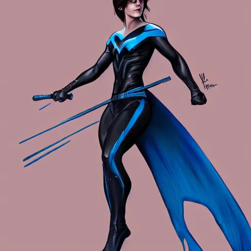 Image similar to emma watson as nightwing, realistic, intricate, elegant, art by artgerm and wlop