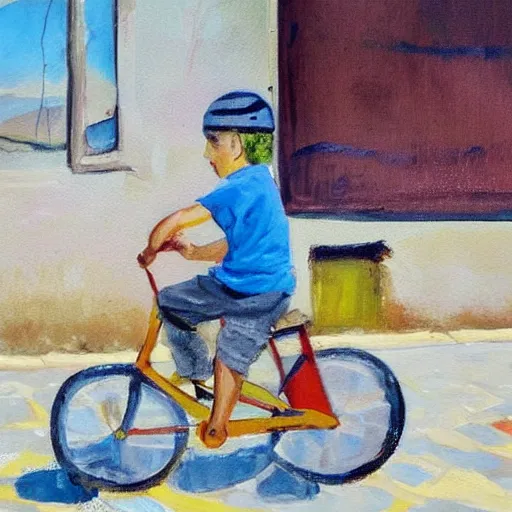 Image similar to a painting of a boy riding a bicycle in spain