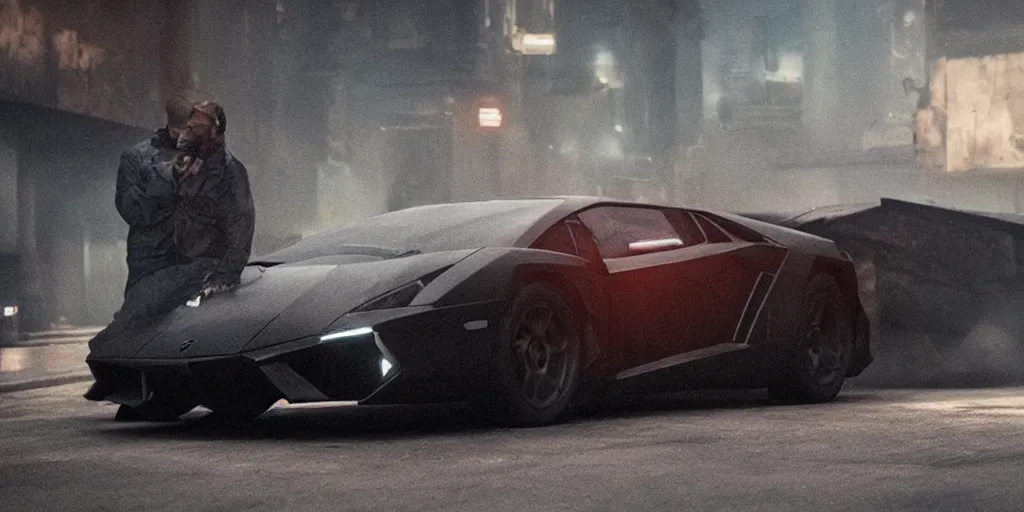 Image similar to A cinematic film still of a Lamborghini in the movie Blade Runner: 2049.