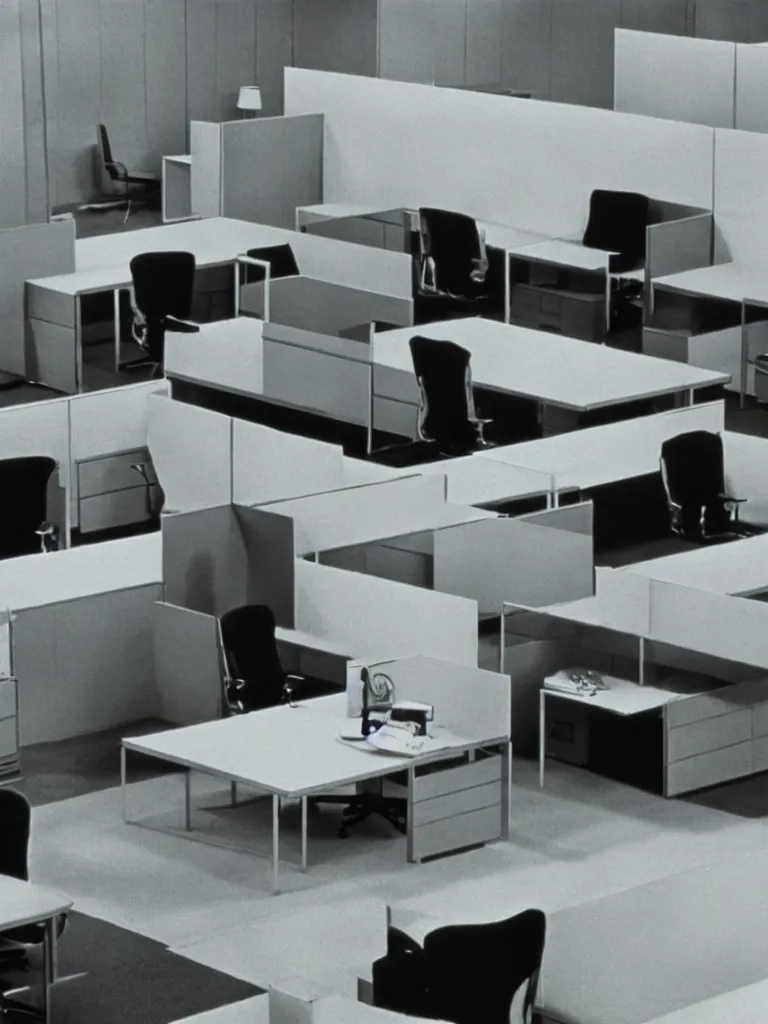 Image similar to a still of severance series indoor 7 0 s furniture office scenario appearing in a film of jacques tati