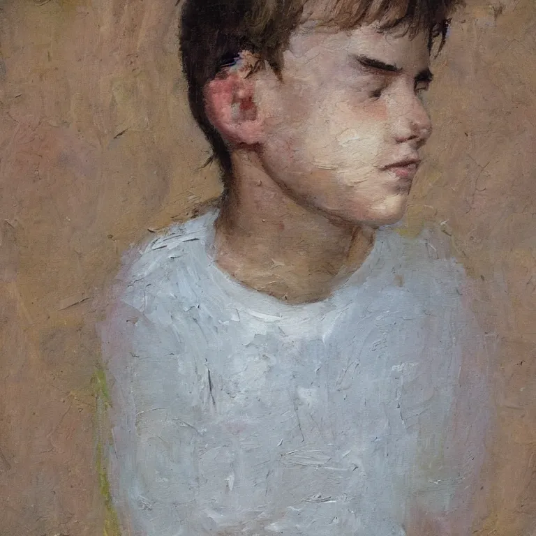 Prompt: Beautiful warmly lit close up studio portrait of young teenage Joseph McCarthy sweetly smiling cute, impasto oil painting heavy brushstrokes by Cy Twombly and Anselm Kiefer , trending on artstation dramatic lighting abstract Expressionism