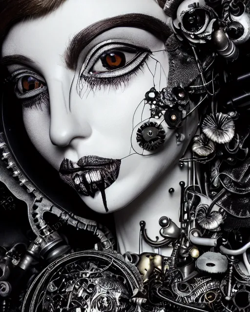 Image similar to black and white dreamy foggy smoky profile face portrait, one silver steampunk eye biomechanical beautiful young female cyclope - cyborg - robot bust, body ribs meshes,, volumetric light, hibiscus flowers, by hg giger, rim light, by dora maar and cecile beaton, big gothic fashion pearl embroidered collar, 8 k