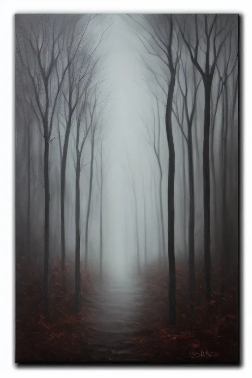 Image similar to dark and spooky woods. atmospheric, foggy, oil painting on canvas. fairytale