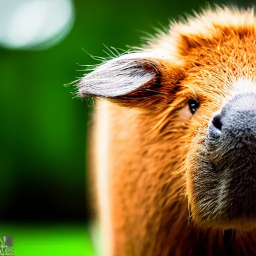 Image similar to cute capybara eating a neon nvidia gpu, chewing on a video card, cooling fans, cyberpunk, wildlife photography, bokeh, sharp focus, 3 5 mm, taken by sony a 7 r, 4 k, award winning