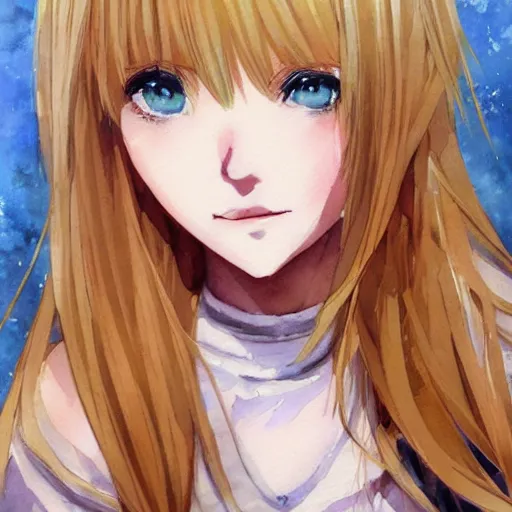 Prompt: a watercolor headshot portrait of a beautiful anime girl with blonde hair by 小北, 阿荣, digital art, trending on pixiv, trending on artstation,