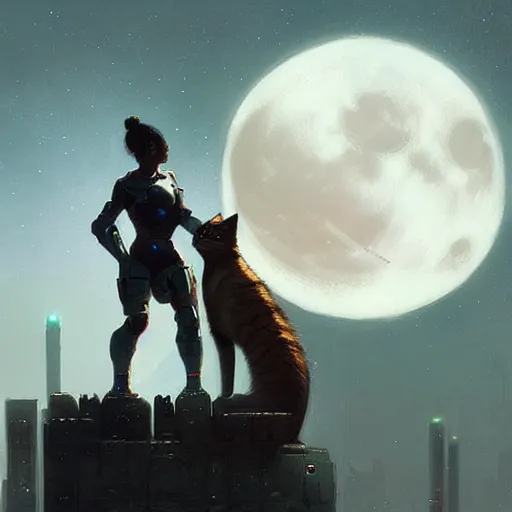 Image similar to A female cyborg kissing a tabaxi, silhouetted by a gigantic Moon, fantasy art by Greg Rutkowski