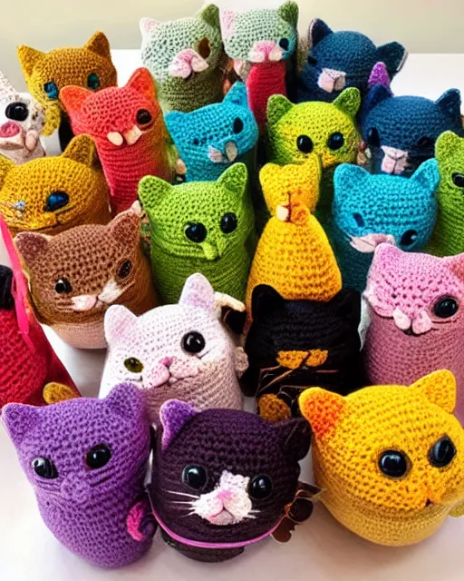 Prompt: multicolored crocheted cats, catalogue photo,