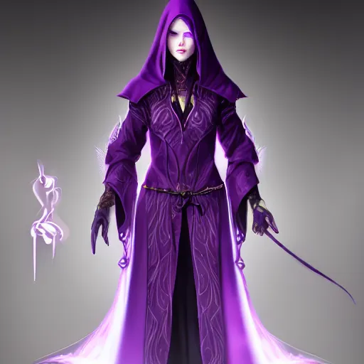 Prompt: female warlock long hood cloak purple, beautiful face purple eyes. fighting monster with magic, 8 k, trending on artstation by tooth wu