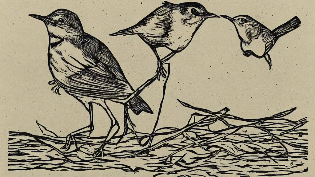 Prompt: a Woodcut of a mocking bird