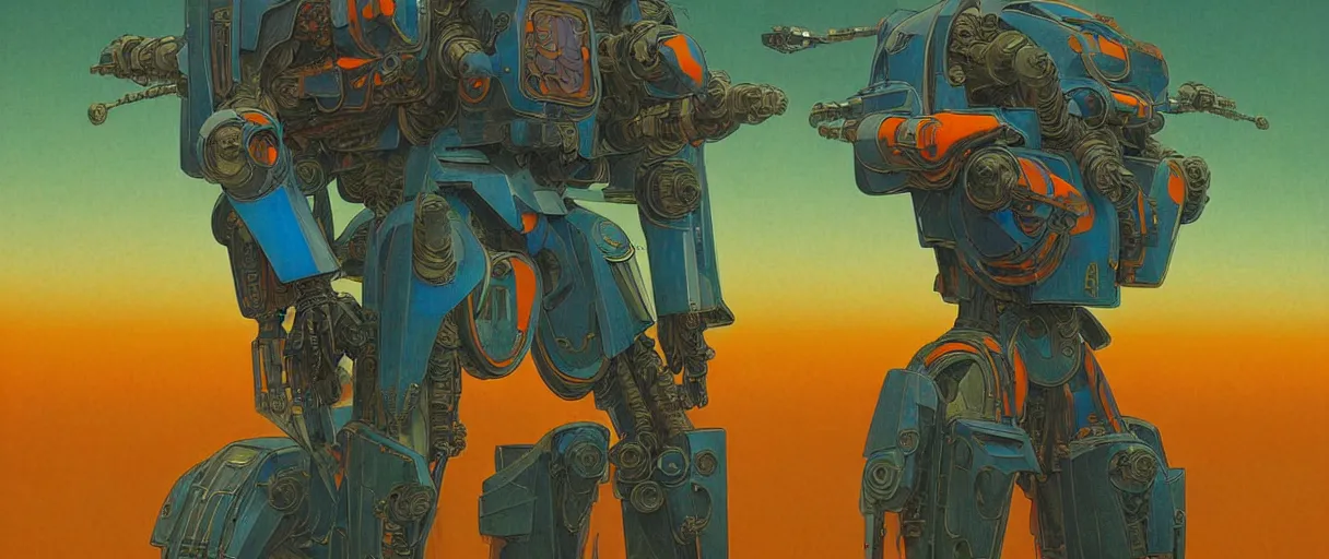 Prompt: composition of and futuristic, warhammer, cyber armor, scars, storm, blue head, orange, green, mouldy juice, many mech flowers, the middle ages, highly detailed, artstation, in the style of moebius, jugendstil and classic japanese print, psychedelic, art by rene magritte and anka zhuravleva, mary jane ansell