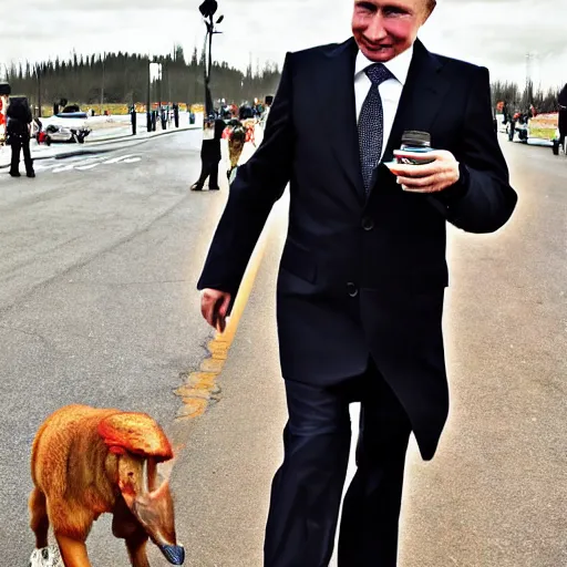 Image similar to Vladimir Putin enjoying dixie chicken after a long party, photo, iphone, camera