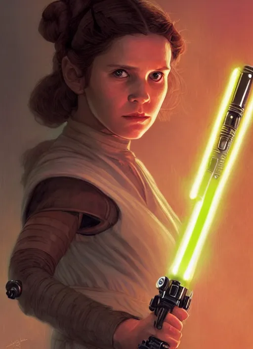 Image similar to young leia organa jedi holding a lightsaber highly detailed, deep focus, intricate, by magali villeneuve, greg rutkowski, and monet