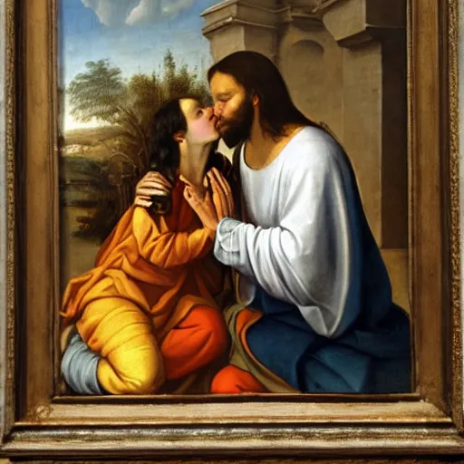 Image similar to an oil panting of a jesus kissing maria maddalena